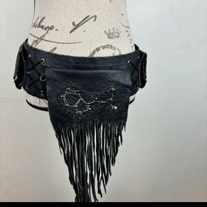 Handcrafted fringed Utility-Festival Belt in black leather-3-section+inside zip